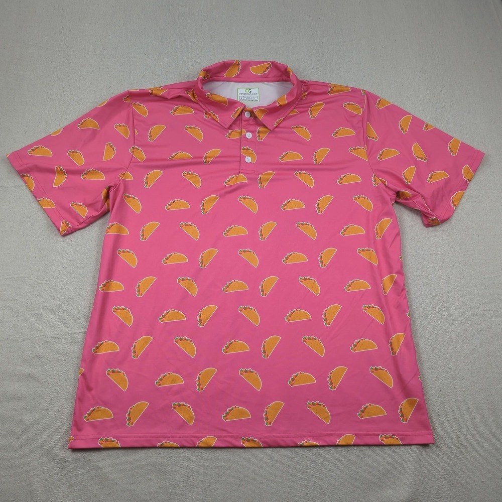 Obnoxious Golf Shirt Mens Large Pink‎ Taco Print Performance Stretch